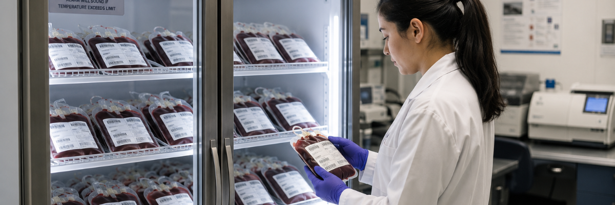 Blood bank refrigerator powered by battery backup.